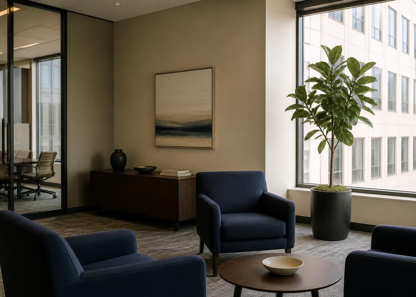 Aire d'accueil d'un bureau professionnel avec fauteuils et grande fenêtre